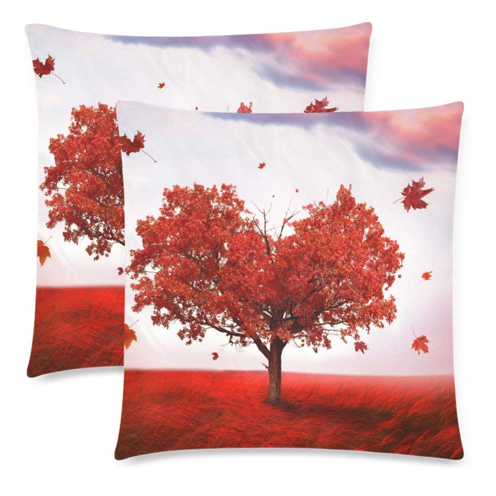 Autumn Landscape with Heart Shape Tree Pillow Case Cover 18x18 Twin Sides for Couch Bed, Fall Maple Tree Leaves Zippered Throw Pillowcase Shams Decorative, Set of 2