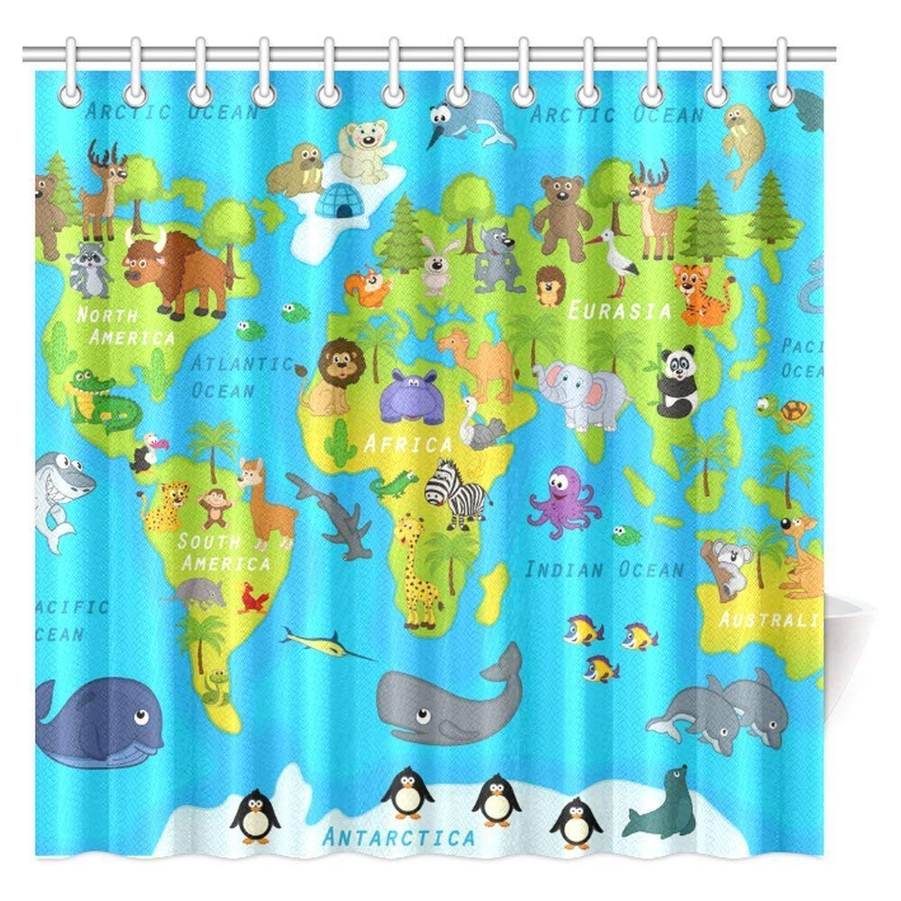 Girls Boys Kids Baby Bathroom Decor Collection, Map of the World with Animals Bathroom Decor Set with Hooks