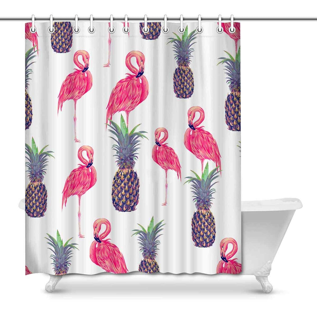 Tropical Exotic Pink Flamingos Birds Pineapples Art Print Polyester Fabric Shower Curtain Set