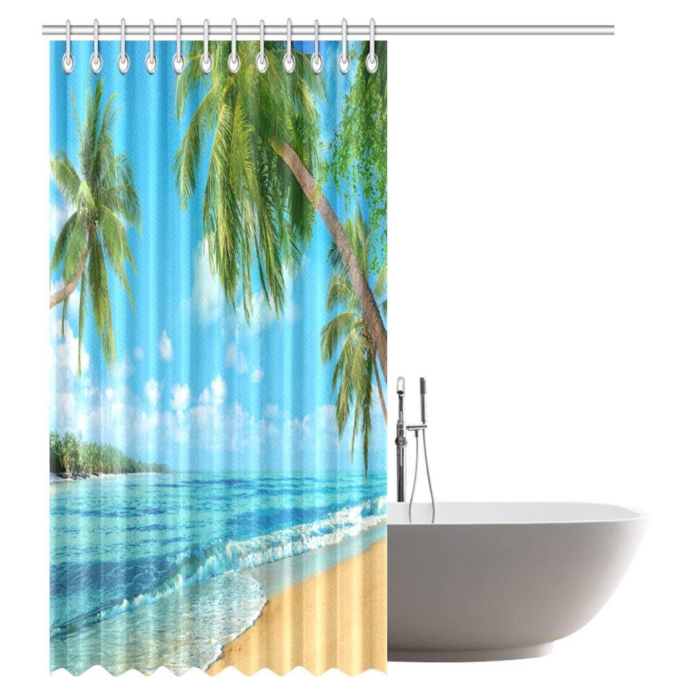 Tropical Island Decor, Oceanfront Waves Palm Trees Beach Turquoise Picture Print, Polyester Fabric Bathroom Shower Curtain Set with Hooks, 69 by 84 Inches