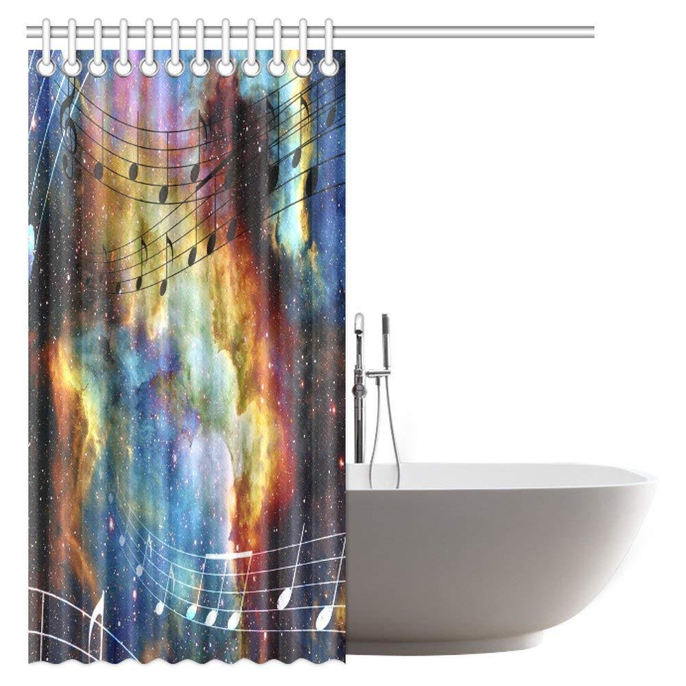 Galaxy Music Shower Curtain, Modern Musical Artwork Classroom Music Note Space and Stars Fabric Bathroom Shower Curtain 