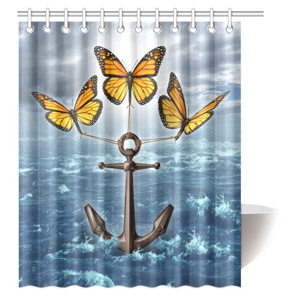 Anchor Decor Collection, Three Monarch Butterflies Raising a Heavy Anchor From a Stormy Ocean Fabric Bathroom Shower Curtain with Hooks