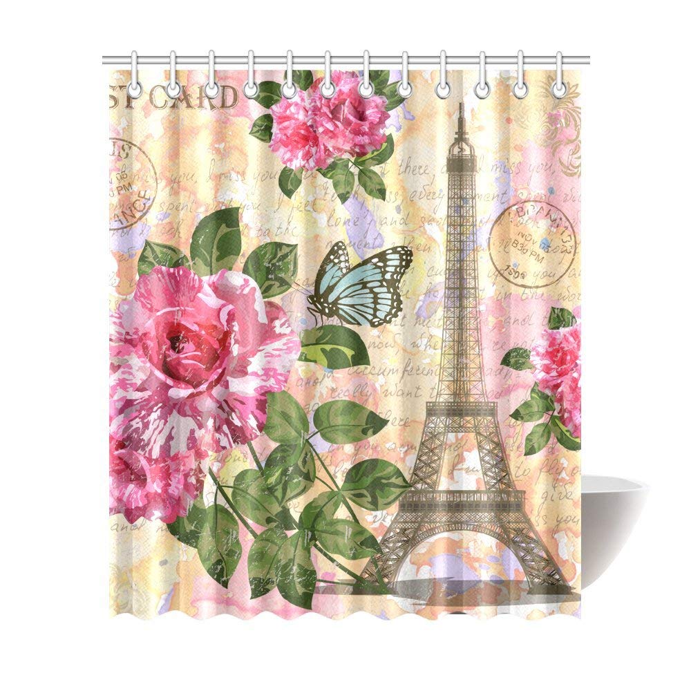 Vintage Paris Eiffel Tower Flowers Butterflies Waterproof Polyester Fabric Shower Curtain Bathroom Sets with Hooks