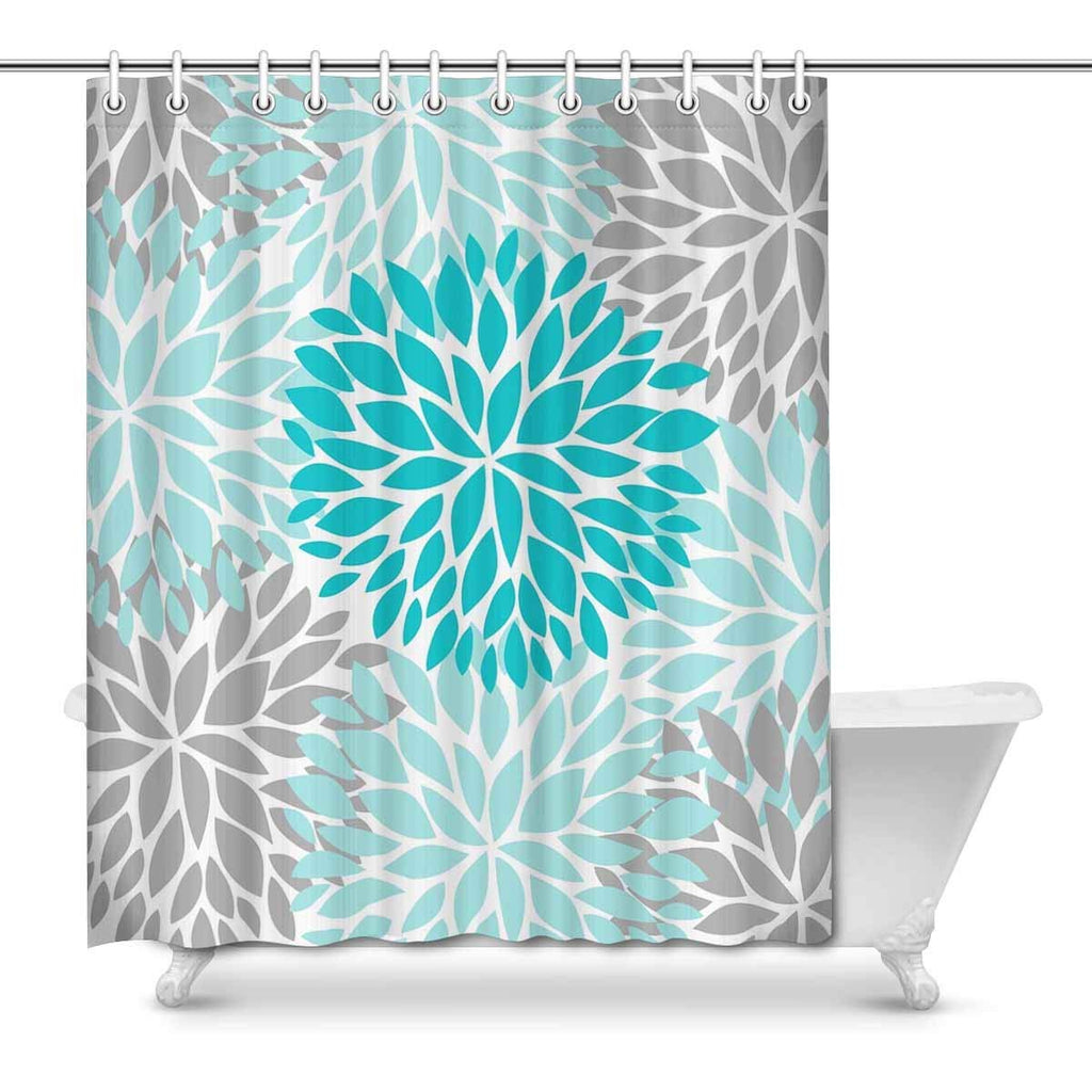 Dahlia Pinnata Flower Turquoise Blue and Gray House Decor Shower Curtain for Bathroom, Floral Decorative Bathroom Shower Curtain Set with Rings