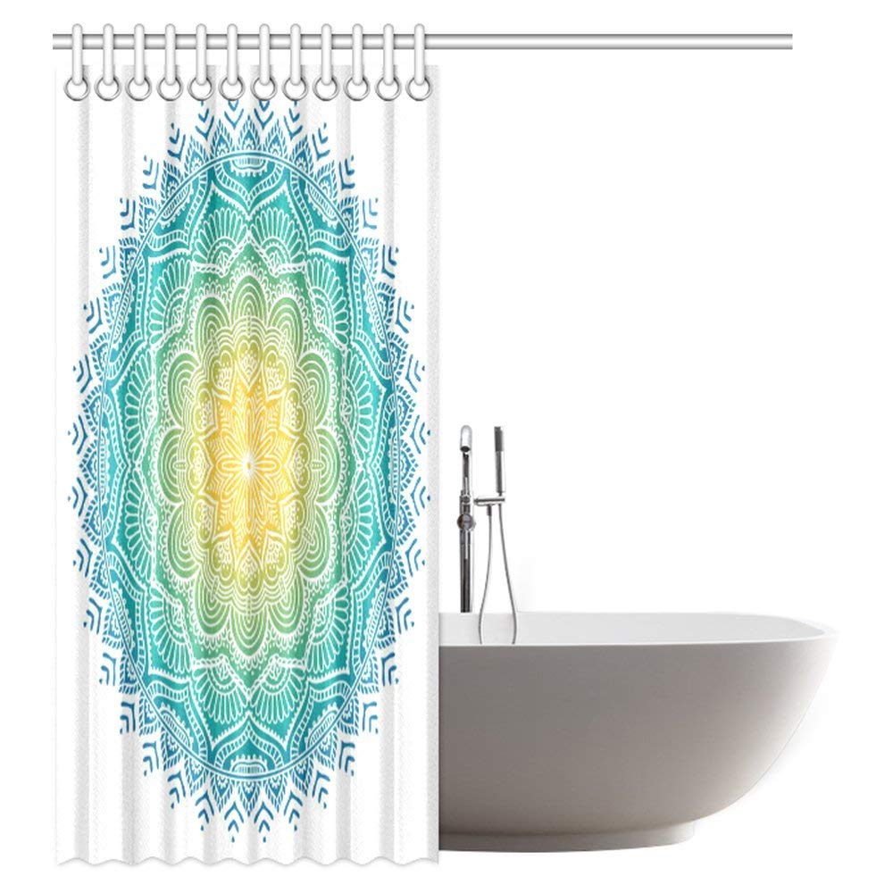 Mandala Shower Curtain, Aquatic Color Mandala Pattern with Sun in Center Indian Art Meditation Zen Theme Fabric Shower Curtain Set with Hooks