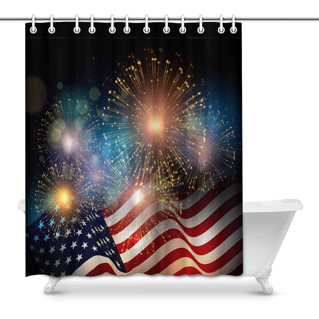 United States Flag Fireworks for USA 4th of July Independence Day Fabric Bathroom Decor Set with Hooks