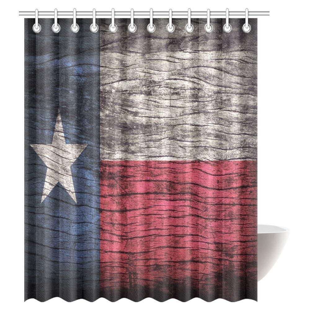 Flag Decor Shower Curtain, Texas Flag On Retro Vintage Wooden Board Fabric Bathroom Shower Curtain