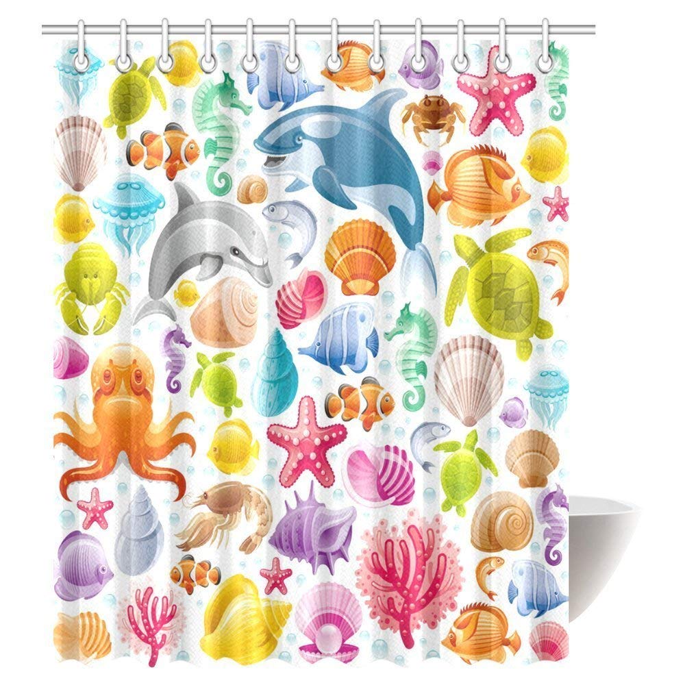 Sea Animals Decor Shower Curtain, Cartoon Art With Fish Seahorse Starfish Dolphin Coral Underwater Life Kids Deco Bathroom Shower Curtain Set with Hooks