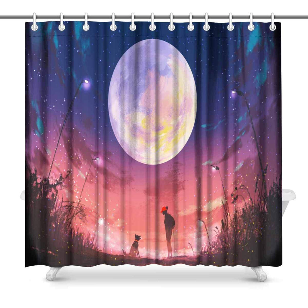 Young Woman and Dog at Beautiful Night with Huge Moon Above Bathroom Shower Curtain Accessories, 72W X 72L Inches