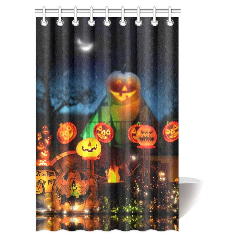 Happy Halloween Decor Shower Curtain Set, Lots of Glowing Lanterns in Fantastical Spooky Environment Fabric Bathroom Shower Curtain