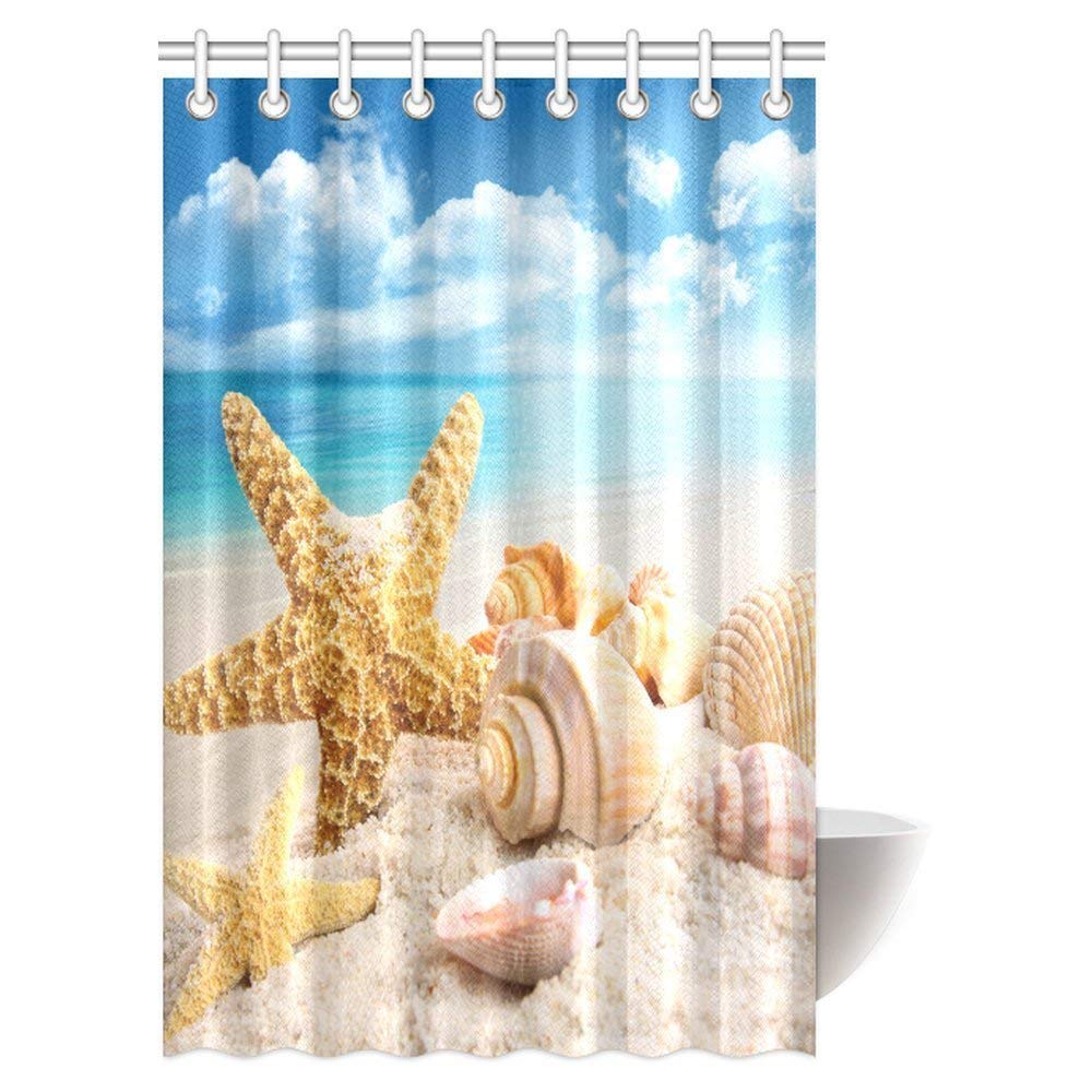 Starfish and Seashells on the Beach with Blue Sky Shower Curtain Bathroom Decor with Hooks