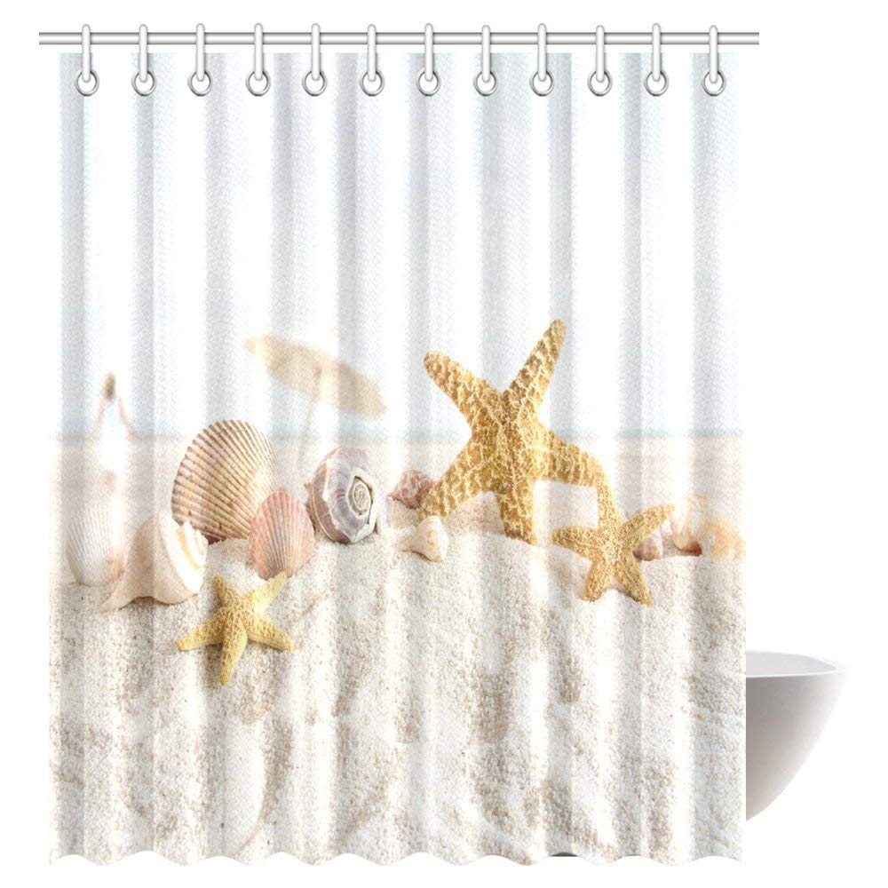 Sea Shells and Starfish Decor Shower Curtain, Beach Seashells Nautical Ocean Seaside Seascape Coastal Art Print Polyester Fabric Shower Curtain 72 X 84 Inches