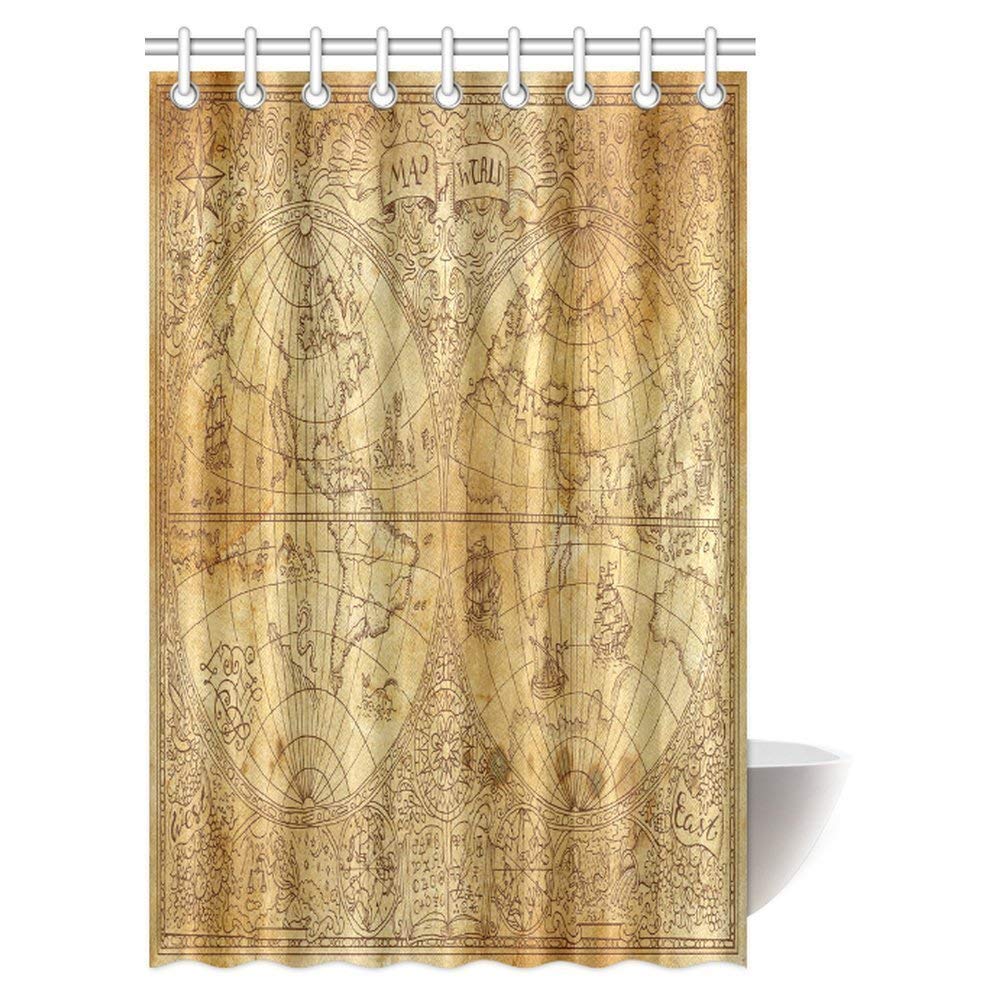 Antique Decor Shower Curtain, Ancient Map of World Global History Stained Paper Oceans Lands Atlas Educational Art Fabric Shower Curtain Set with Hooks