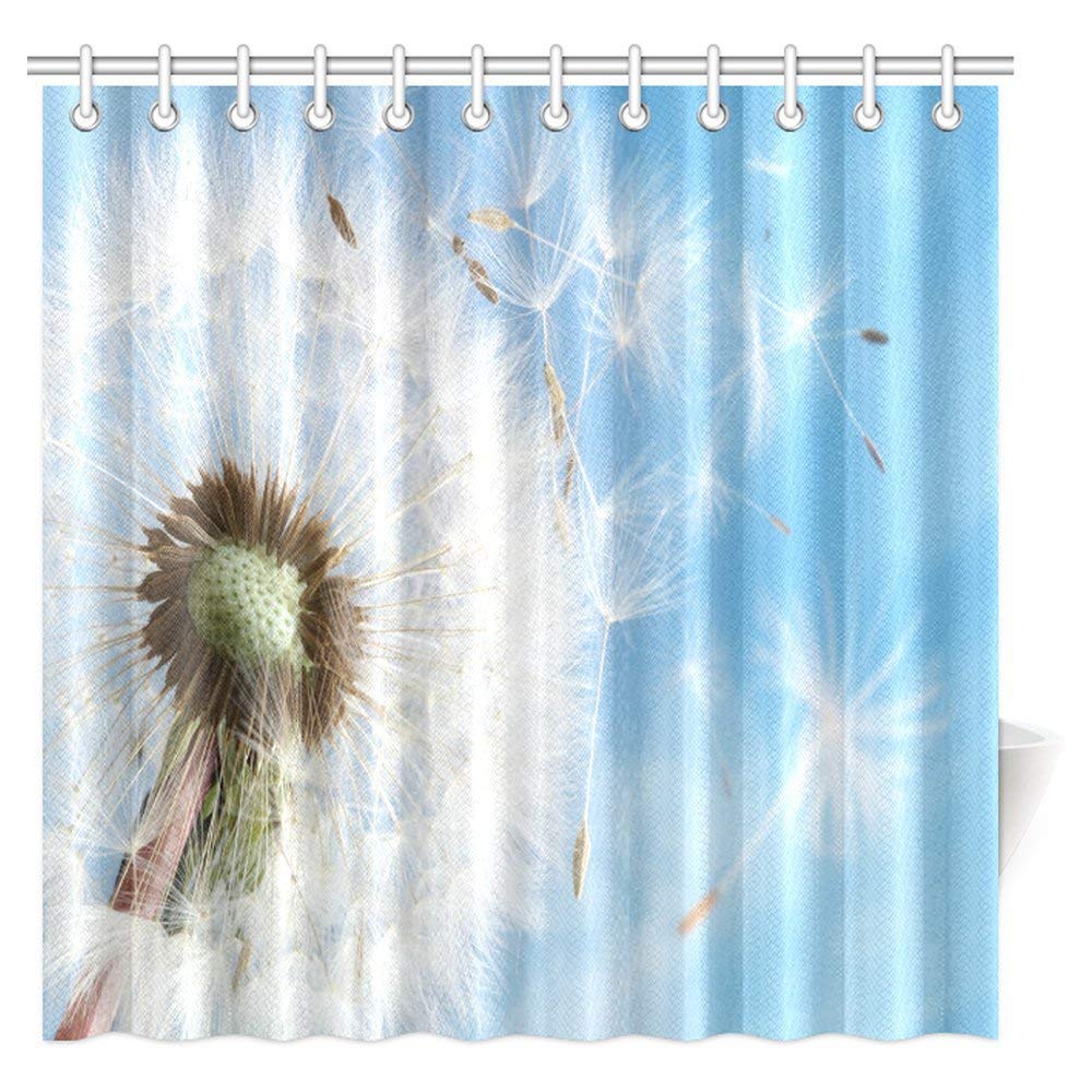 Dandelions Shower Curtain, Dandelion Seeds Blowing Away in The Wind Across A Clear Blue Sky Fabric Bathroom Shower Curtain