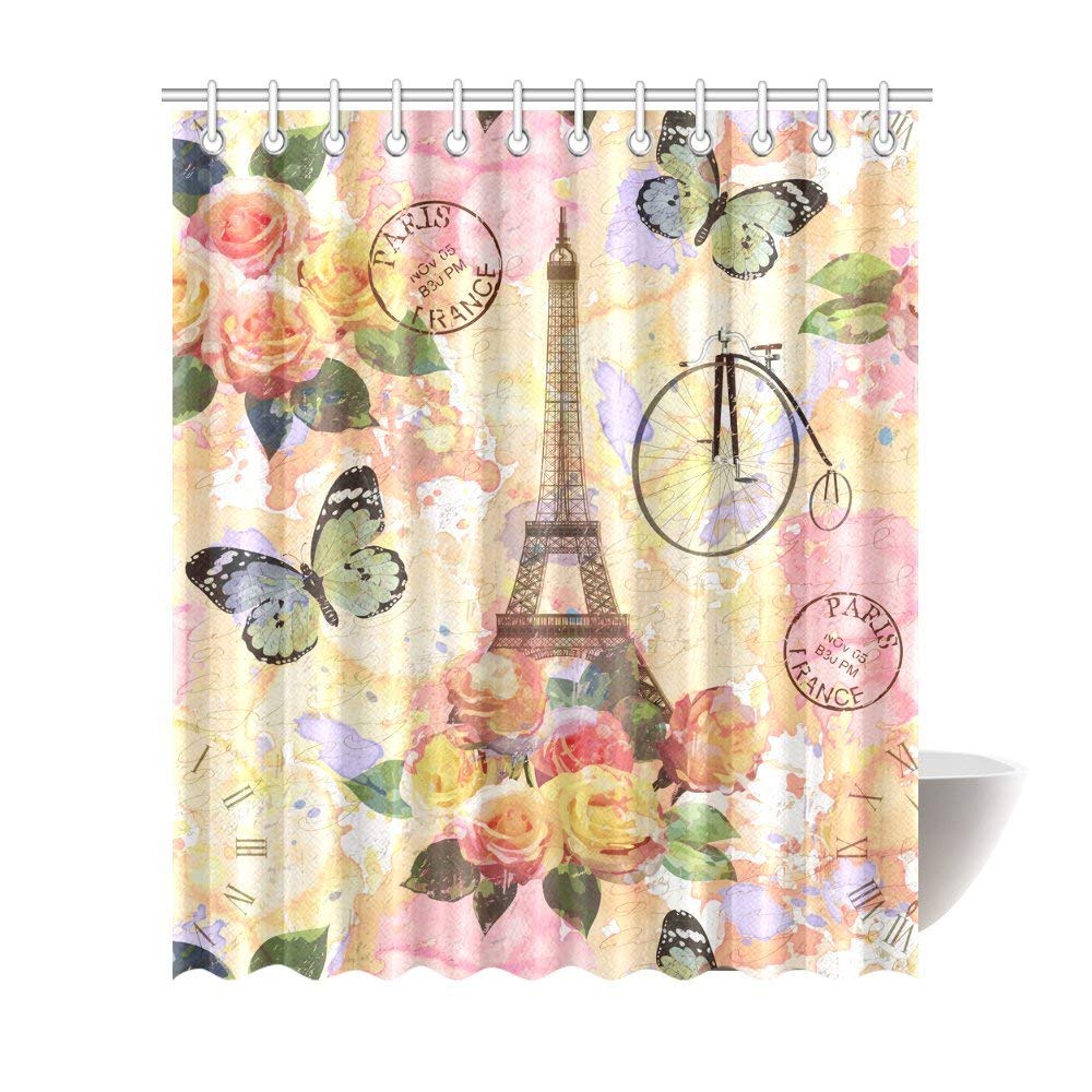 Vintage Paris Eiffel Tower Antique Bicycle Flowers Butterfly Waterproof Polyester Fabric Shower Curtain Bathroom Sets with Hooks Home Decor