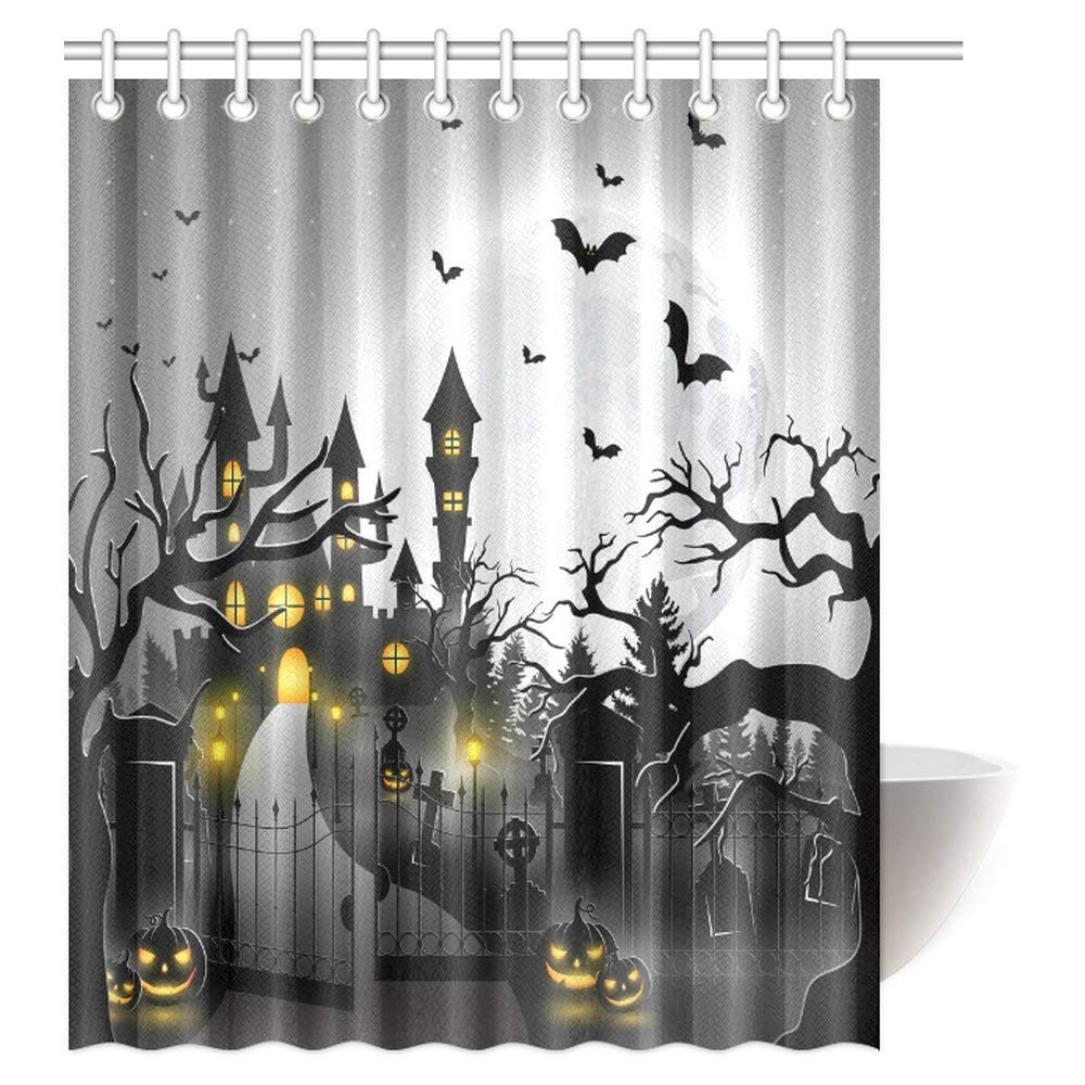 Spooky Concept with Halloween Icons Shower Curtain, Creepy Graveyard with Castle and Pumpkins Bathroom Shower Curtain with Hooks