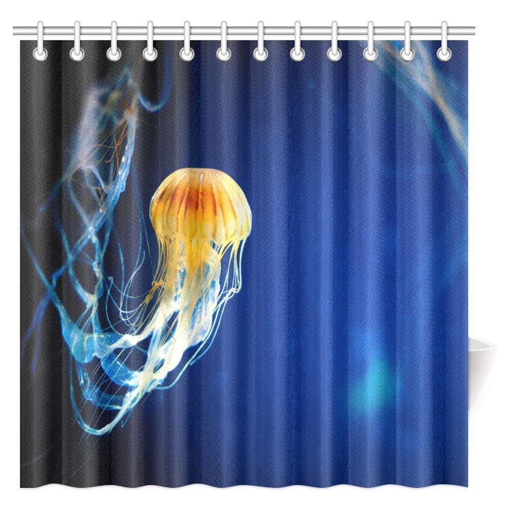 Orange jellyfish Pacific Sea Nettle on Deep Blue Fabric Bathroom Shower Curtain Set with Hooks