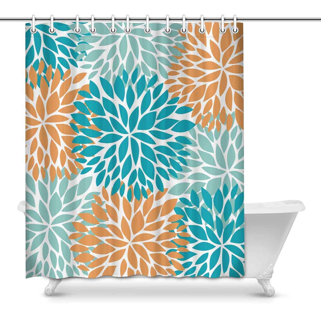 Dahlia Pinnata Flower Blue and Orange Home Decor Waterproof Polyester Bathroom Shower Curtain Bath Decorations with Hooks