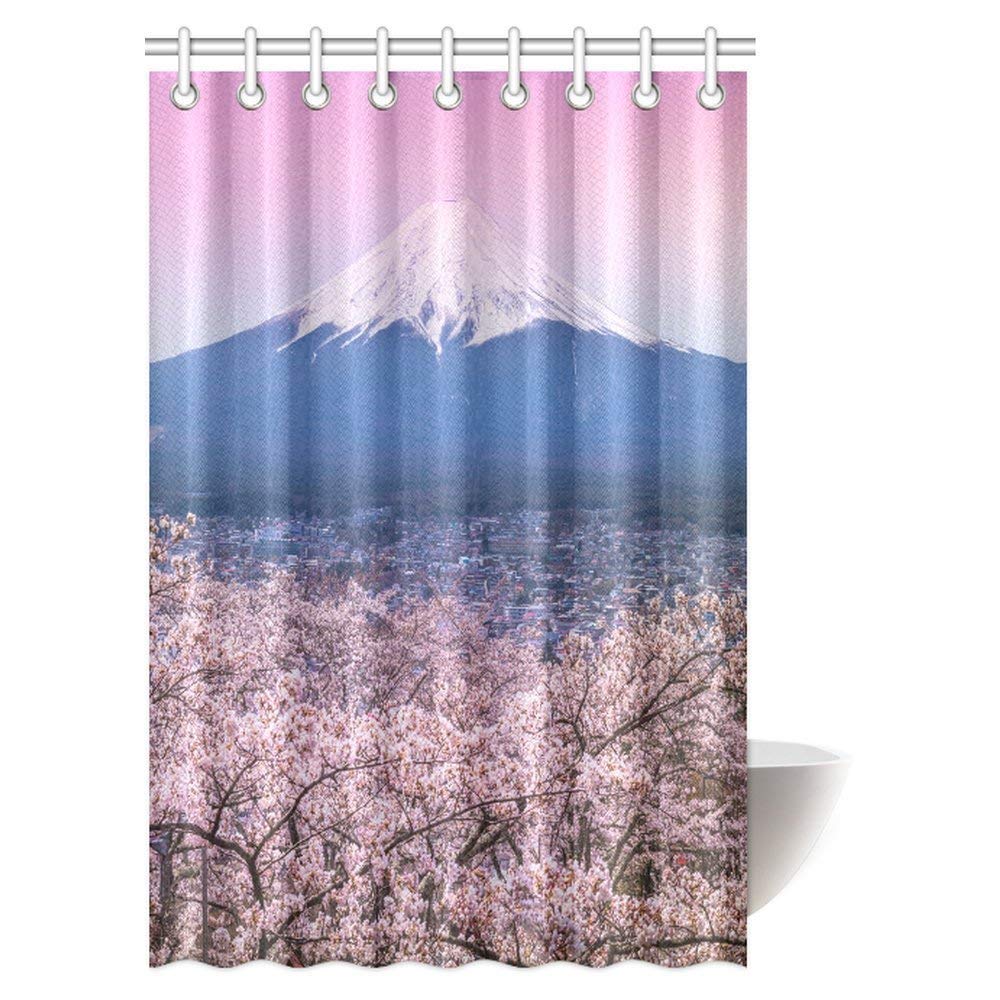 Mountain View Oriental Art Cherry Tree Snow Fuji Nature Fabric Bathroom Shower Curtain Set with Hooks