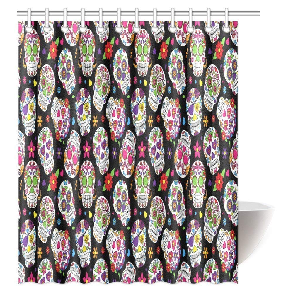 Skulls Shower Curtain Set Home Decor, Floral Colorful Hippie Sugar Skulls Flowers on Dark Shower Curtain Bathroom Decor with Hooks