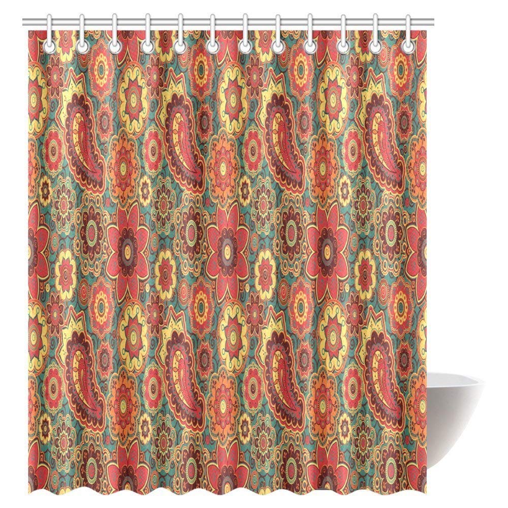 Paisley Ethnic Indian Pattern Shower Curtain Home Decor, Colorful Paisley Floral Pattern Classical Ornamental Medieval Ethnic Art Bathroom Set with Hooks