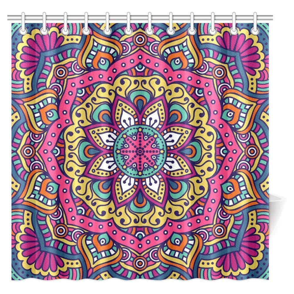 Mandala Decor Shower Curtain, Ethnic Indian Mandala Pattern Boho Home Decor Floral Nature Theme Bathroom Shower Curtain Set with Hooks