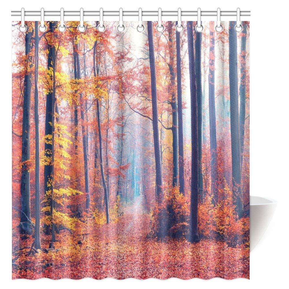 Autumn Forest Decor Shower Curtain, Peaceful Fantasy Misty Foggy Fall Seasonal Forest Vintage Fabric Bathroom Shower Curtain