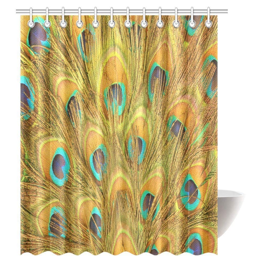 Peacock Shower Curtain, Macro Peacock Tail Feather Like Third Eyes Vitality New Life Path Awakening Print Decorative Bathroom Shower Curtain Set with Hooks