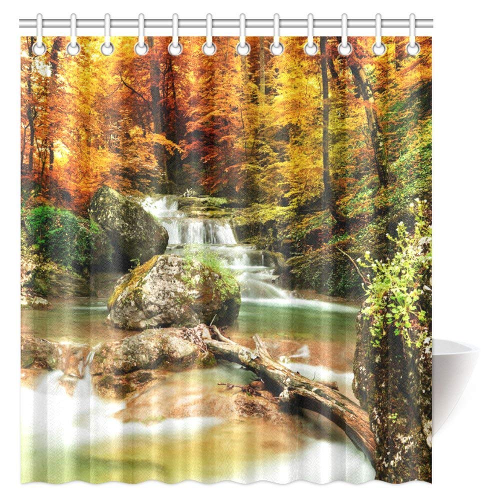 Waterfall Shower Curtain, Autumn Creek Woods Yellow Trees and Foliage Rocks in Forest Fabric Bathroom Shower Curtain Set with Hooks