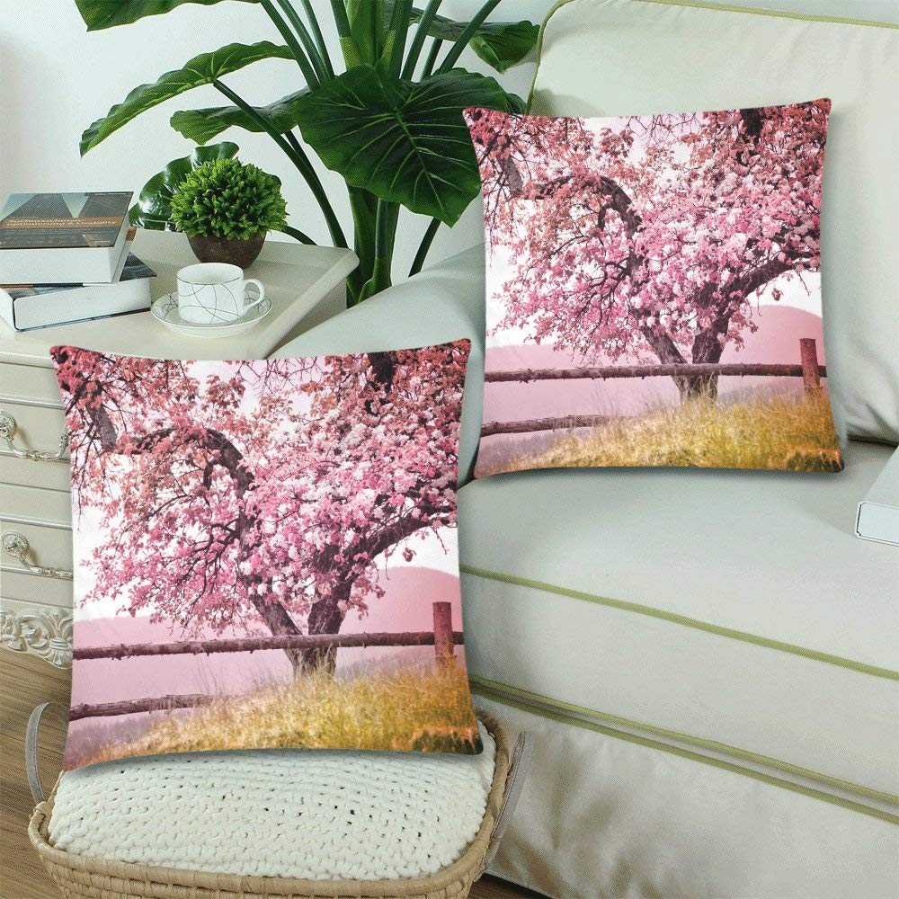 Custom 2 Pack Spring Flower Sakura Throw Pillow Case Covers 18x18 Twin Sides, Cherry Blossom Tree over Nature Cotton Zippered Cushion Pillowcase Set Decorative