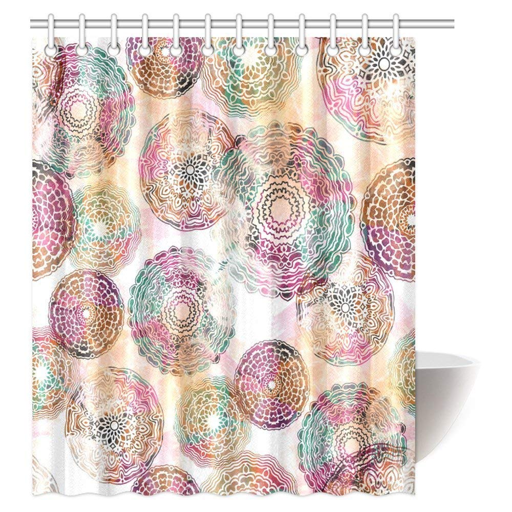 Mandala Decor Shower Curtain, Mystic Psychedelic Vintage Ethnic Tribal Mandalas Print Bathroom Shower Curtain Set with Hooks