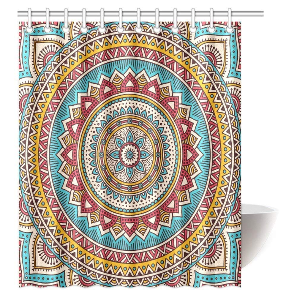 Mandala Decor Shower Curtain, Vintage Floral Mandala Image Antique Style Round Golden Indian Leaf Pattern Symmetry Art Bathroom Shower Curtain Set